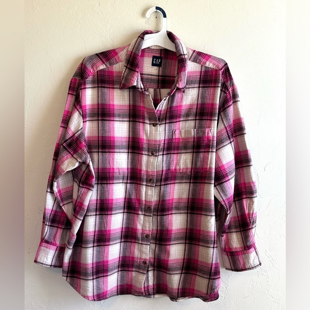 GAP Casual Outdoors 100% Cotton Flannel Pink Plaid Button Up Shirt Sz XL
